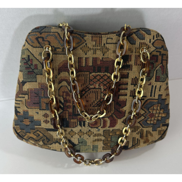 Vtg Morris Moskowitz Bag Tapestry Mini Purse Tortoise Chain Snap Closure Handbag - Picture 2 of 15